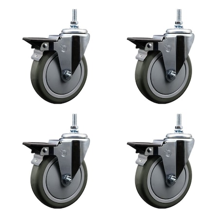 Service Caster 5 Inch Gray Polyurethane 12 MM Threaded Stem Caster Set with Brake SCC-TS20S514-PPUB-PLB-M1215-4